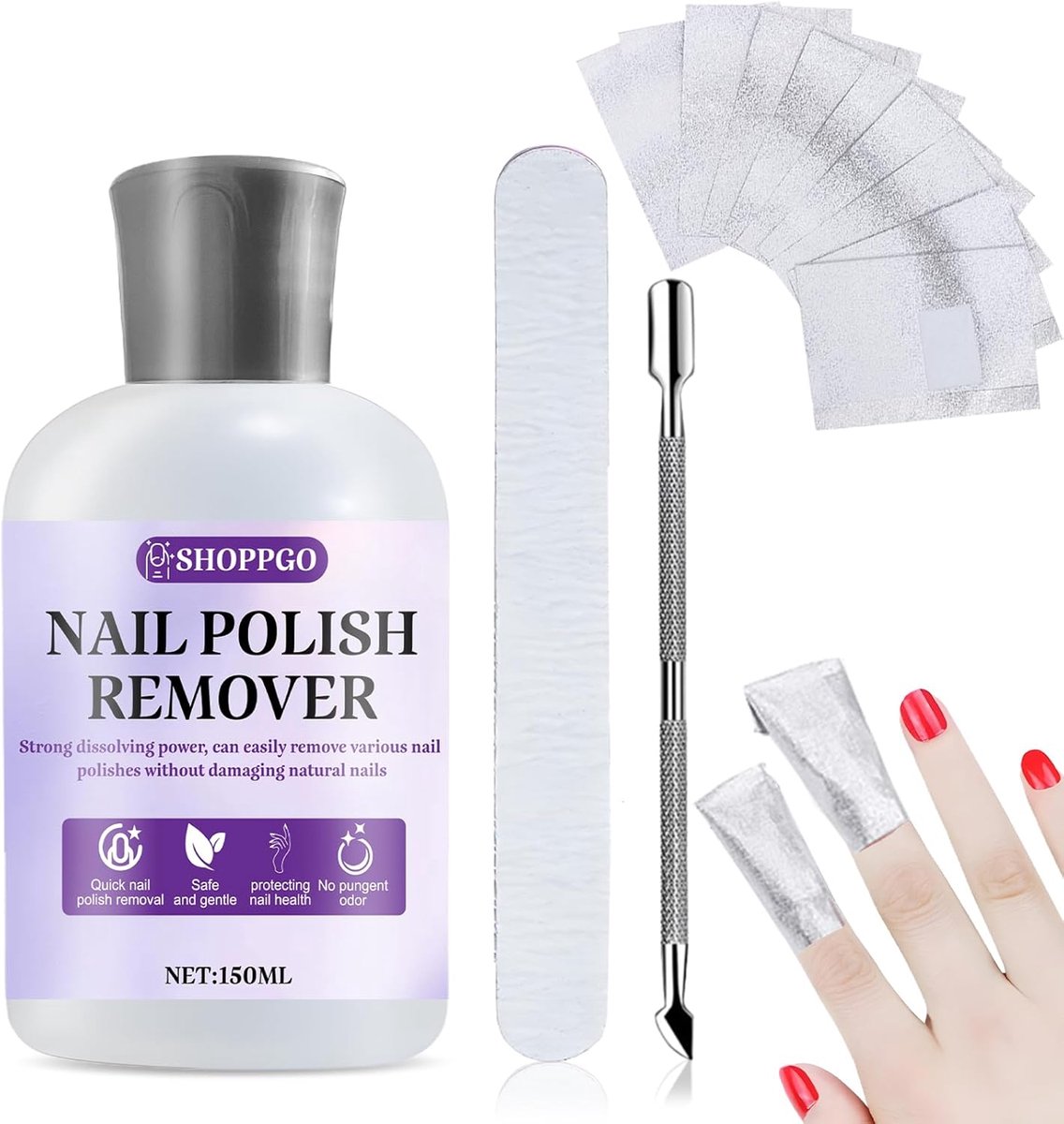 SnelShoppen - Gel Remover Nail Kit - Gel Nagellak Verwijderaar Set met 150ml Nagellijm Verwijderaar, Vijl, Cuticle Pusher, 10 Stuks Nagelfilm Wraps vo