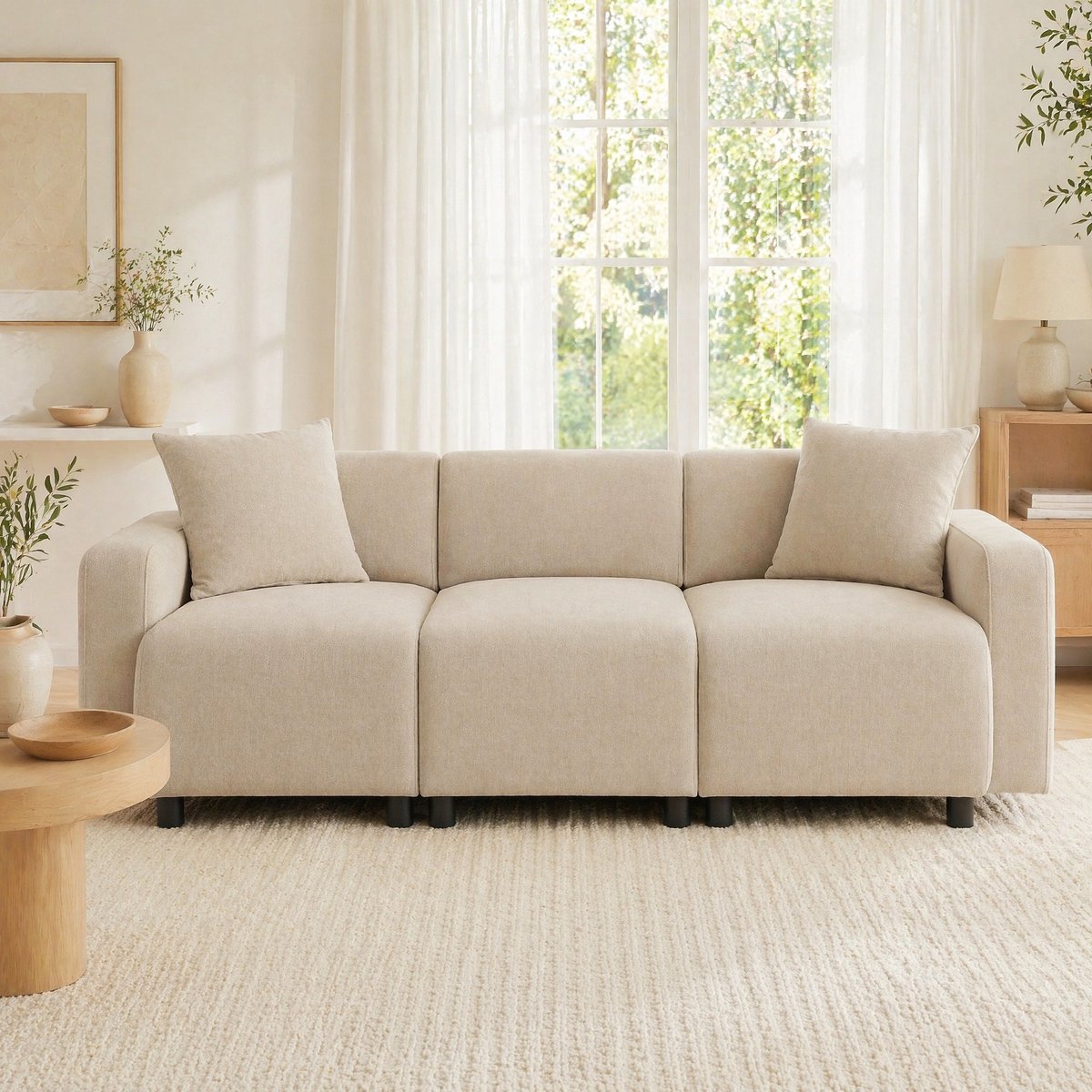MEUNIQ 3-zitsbank van chenille 211 x 67 x 71 cm met 2 kussens, afgeronde armleuningen, voor woonkamer, beige