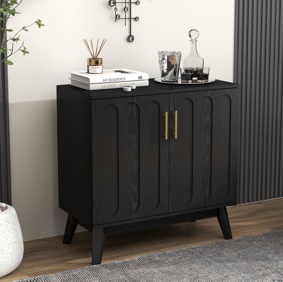 STILVORA Dressoir - Met Geribbelde Fronten En Verstelbare Planken - Zwart - Massief Houten Poten - 80.01x40.01x80.01 Cm