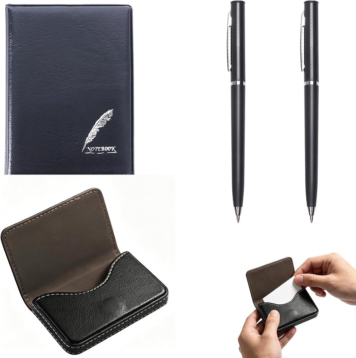 Visitekaartjeshouder met pen en mini notitieboekje - PU leer - compacte magnetische kaartendoos voor werk en reizen - SnelShoppen