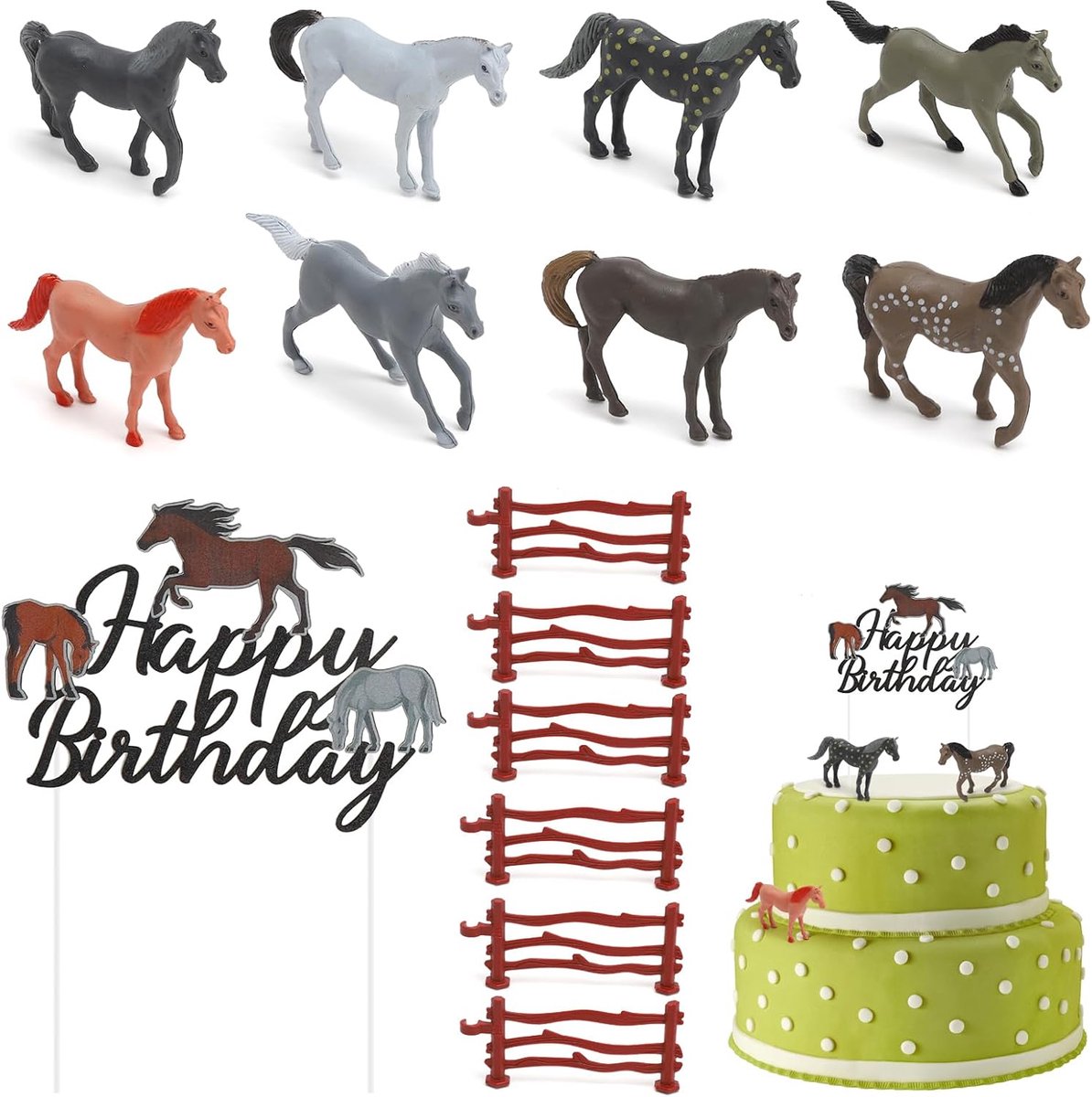 Taartdecoratie paarden - 15-delige set - Realistische plastic paarden - Voor verjaardagstaarten - SnelShoppen