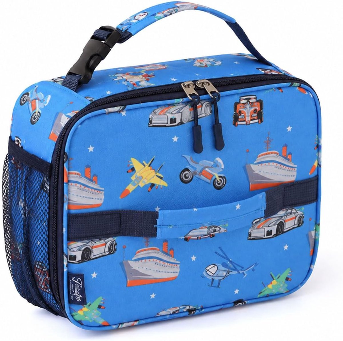 Koeltas kinderen klein - blauwe voertuig print - geïsoleerde tas - perfect voor kleuterschool en uitjes - SnelShoppen