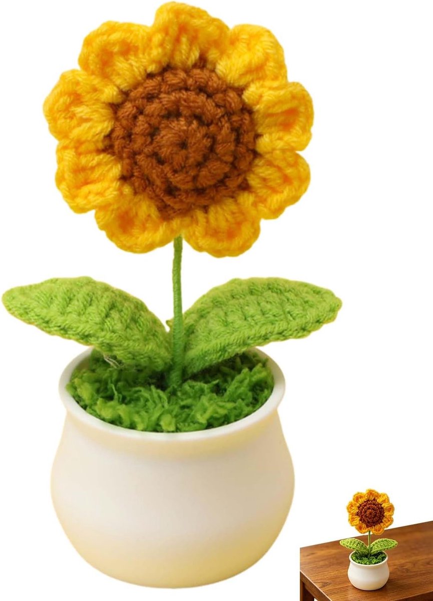 Gebreide zonnebloem 1x - handgemaakt - positieve bureaudecoratie - bedankje voor opvoeder of collega - SnelShoppen