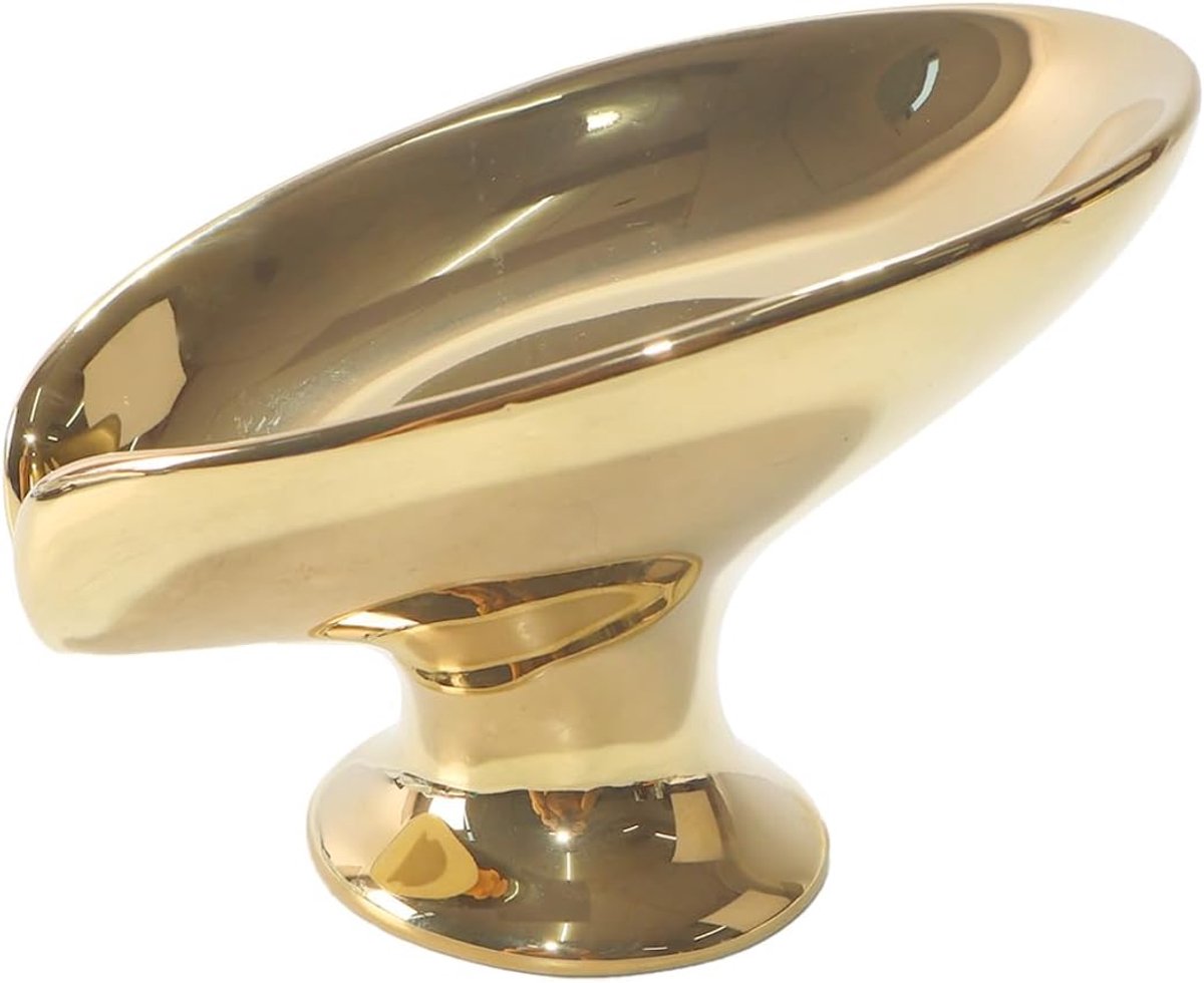 Zeepschaal bladvorm 9,5x12cm - keramisch goudkleurig - geribbeld bloembladpatroon - voegt decoratieve toets toe - SnelShoppen