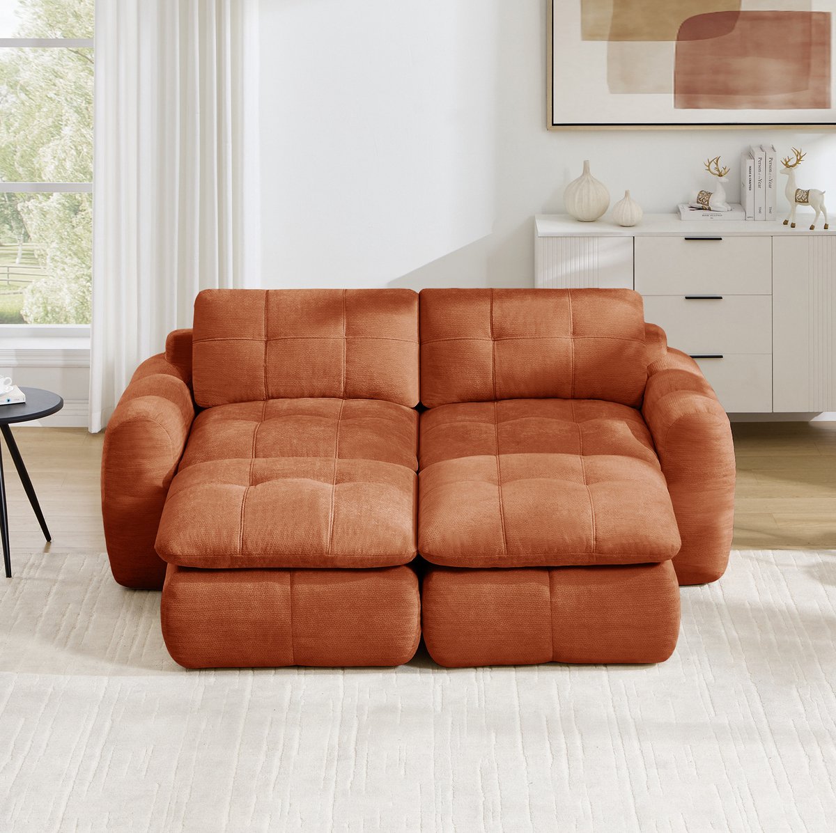 STILVORA Bank 194 x 160 cm - 2-Zits Modulaire Set Met 2 Hockers En Karostiksel - Voor Woonkamer En Appartement - Chenille Oranje