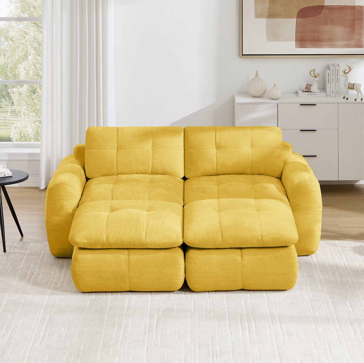 STILVORA Zitbank 194 x 160 cm - 2-Zits Modulaire Bank Met 2 Hockers En Karostiksel - Voor Woonkamer En Appartement - Chenille Geel