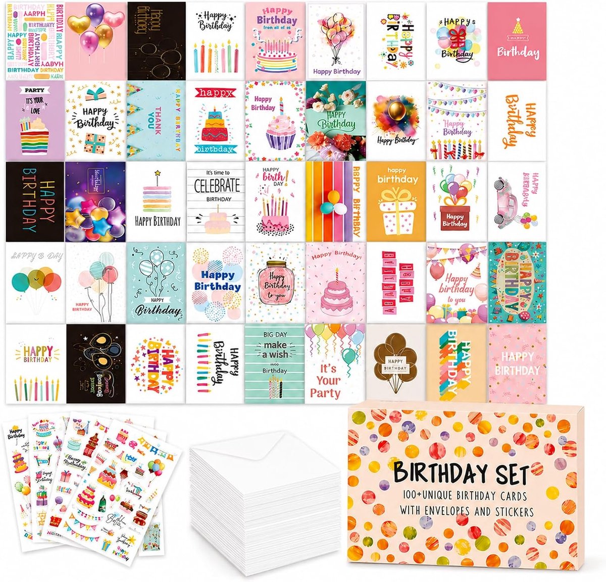 Verjaardagskaartenset 50 kaarten - 25 ontwerpen - met enveloppen en stickervellen - perfect voor verjaardagen - SnelShoppen