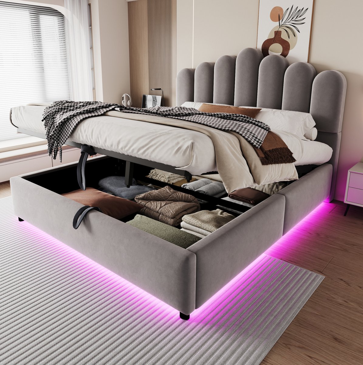 Gestoffeerd Bed 140x200 cm - Met Hydraulische Opbergruimte en Ledverlichting - Met Lattenbodem - Tweepersoons - Stof - Grijs - Zonder matras