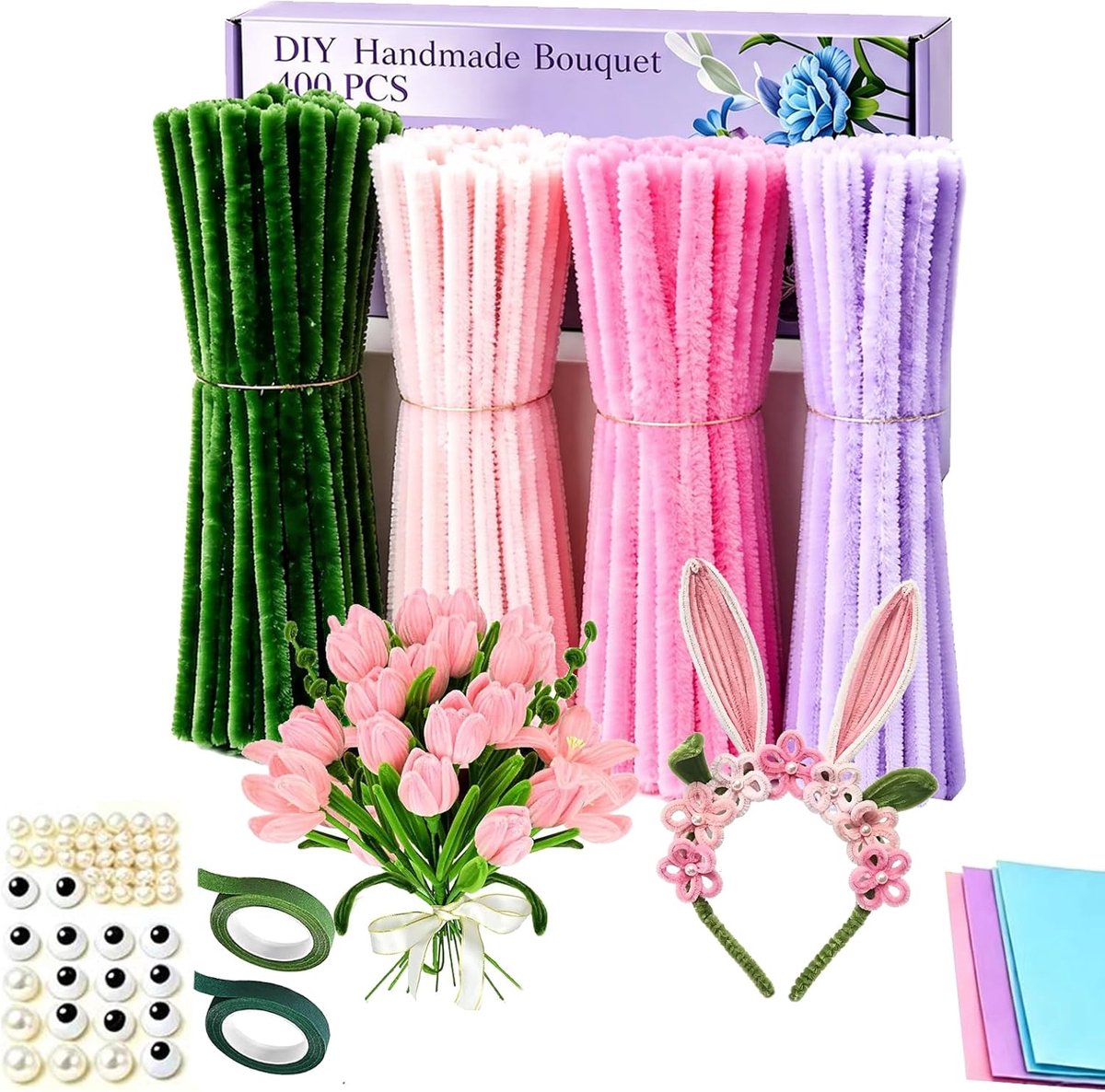 Pijpenreiniger set 400 stuks - Roze bloemenset met accessoires - Ideaal voor creatieve knutselprojecten - ShopVlot