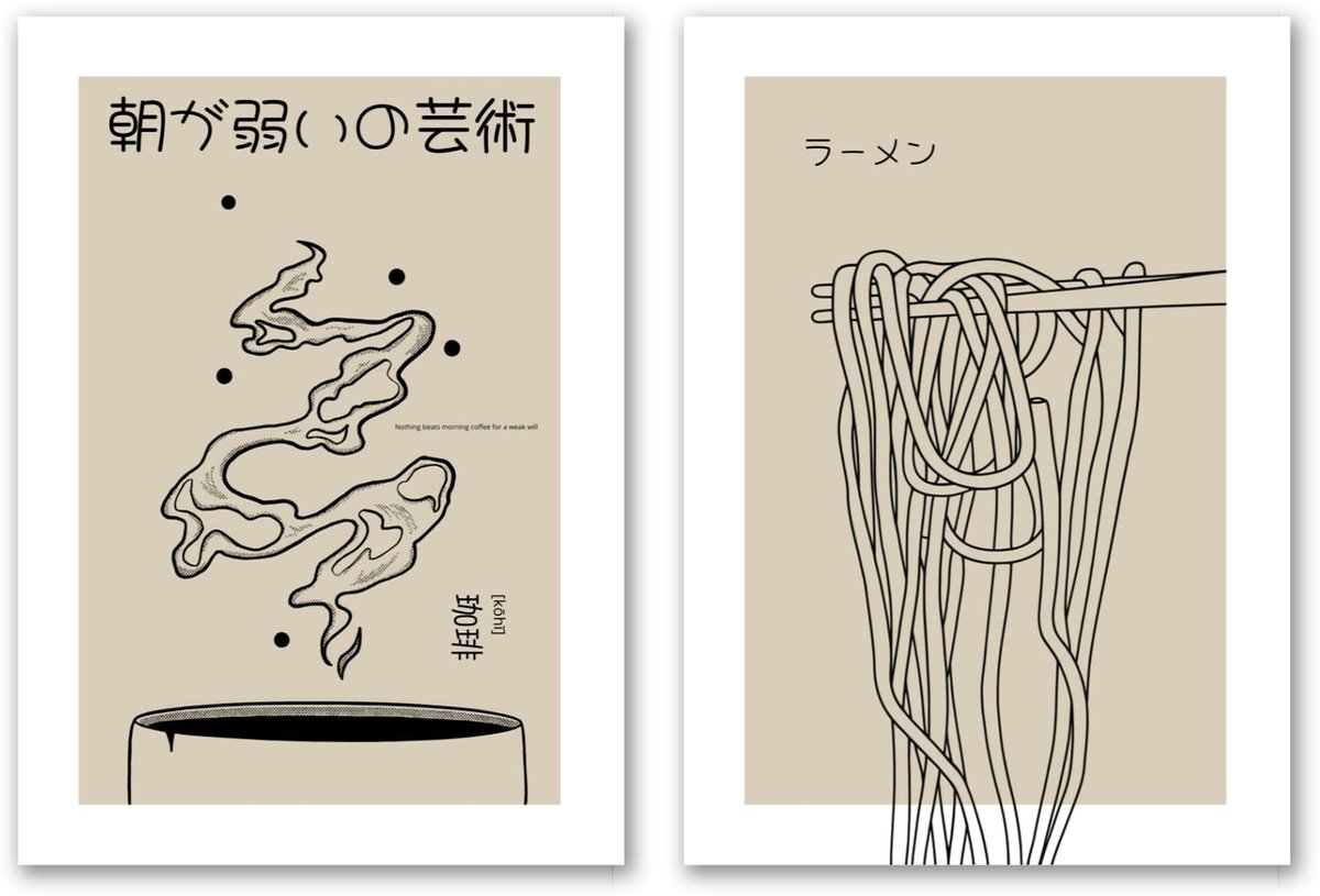 Japanse posters A3 - minimalistisch ontwerp - keukendecoratie - sfeer in woonkamer - ShopVlot