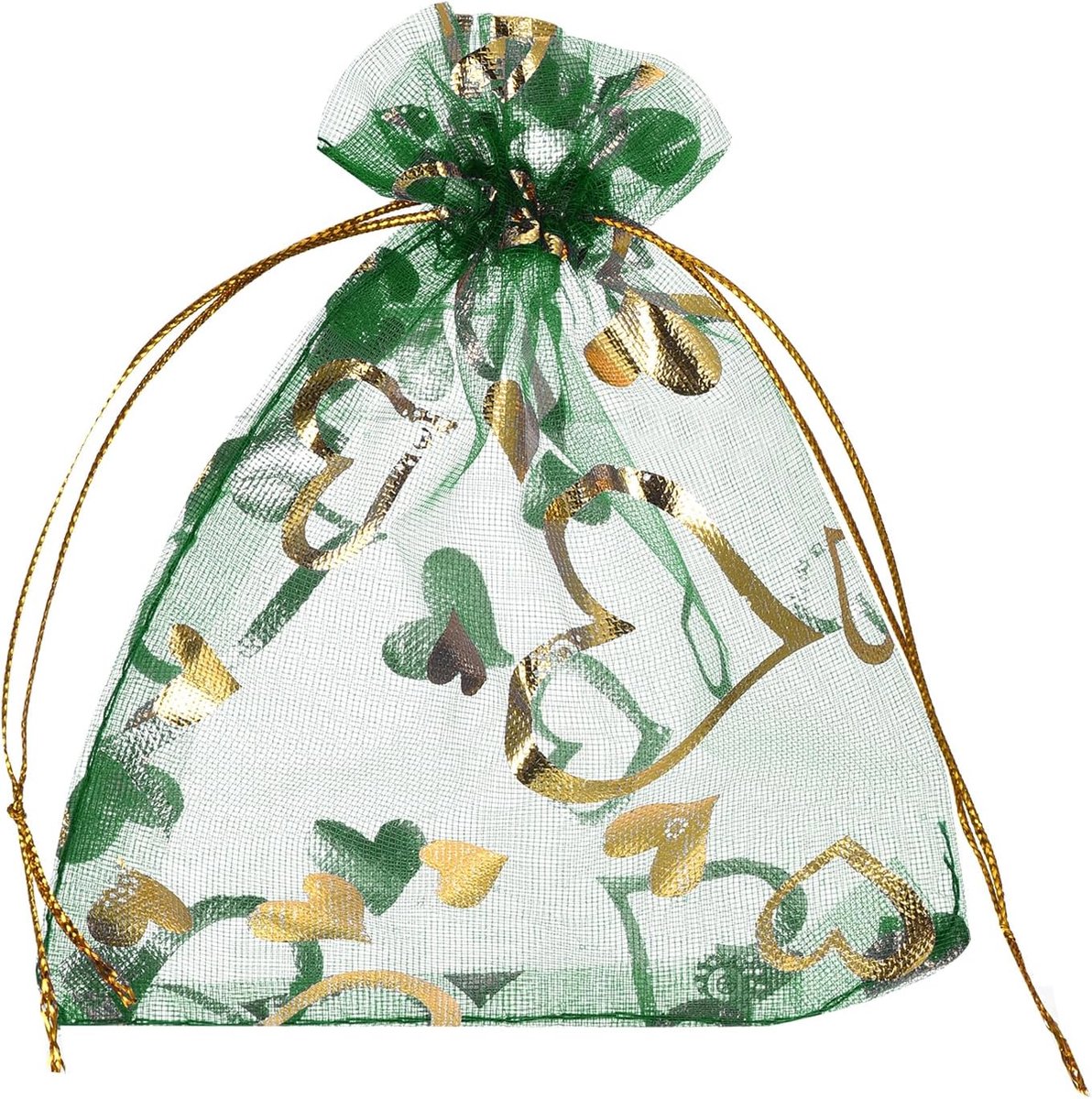 Organzazakjes, 100 stuks, 10 x 15 cm, cadeauzakjes, sieradenzakjes, hartpatroon, mesh-zakjes met trekkoord, organzazakjes voor bruiloft, feest, Kerstmis, snoep, grasgroen-goud