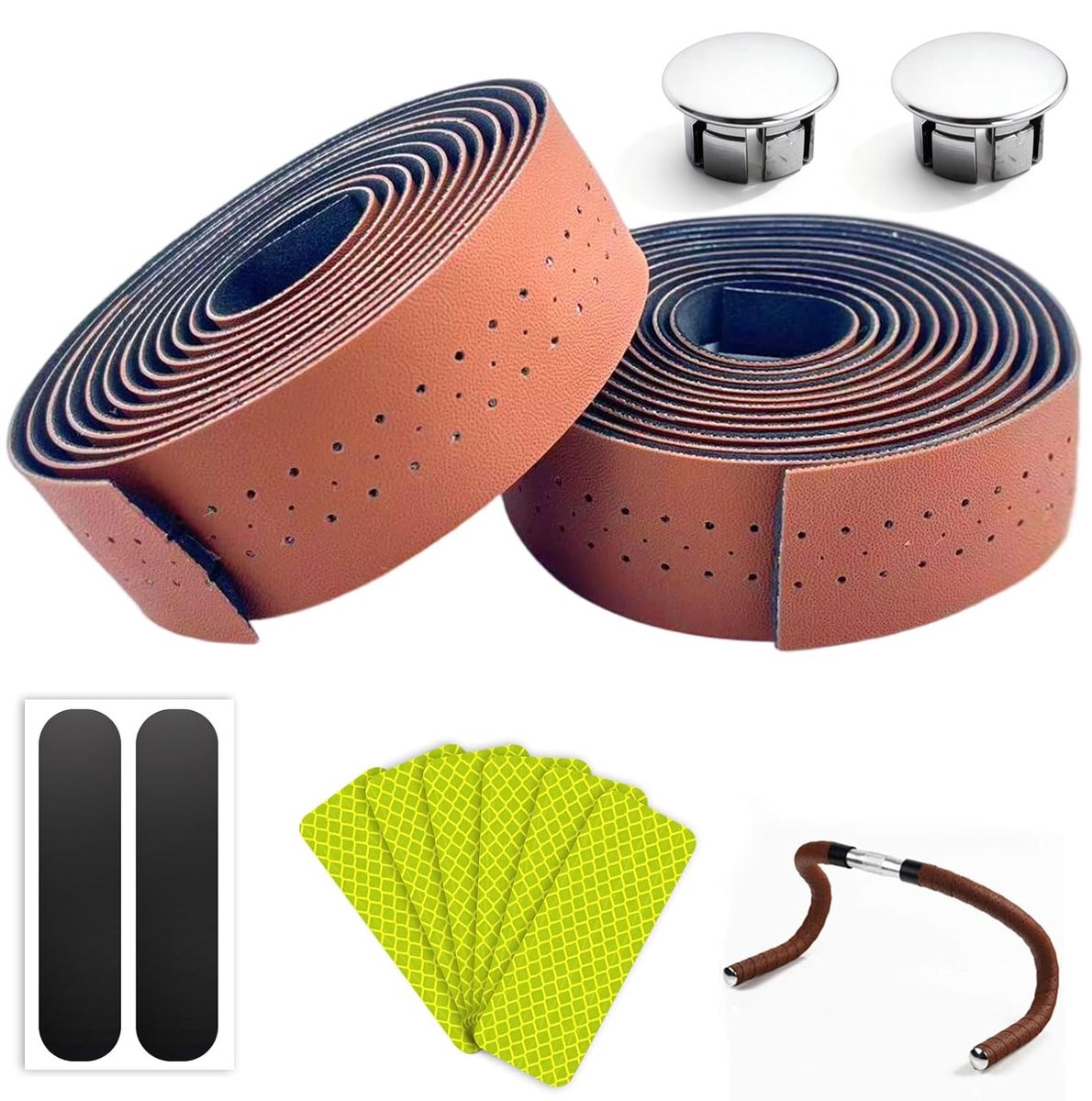fietsstuurband van PU-leer, bruin, 215 x 3 cm, met reflecterende strepen en EVA-bekleding, voor racefiets en gravelbike, set van 2