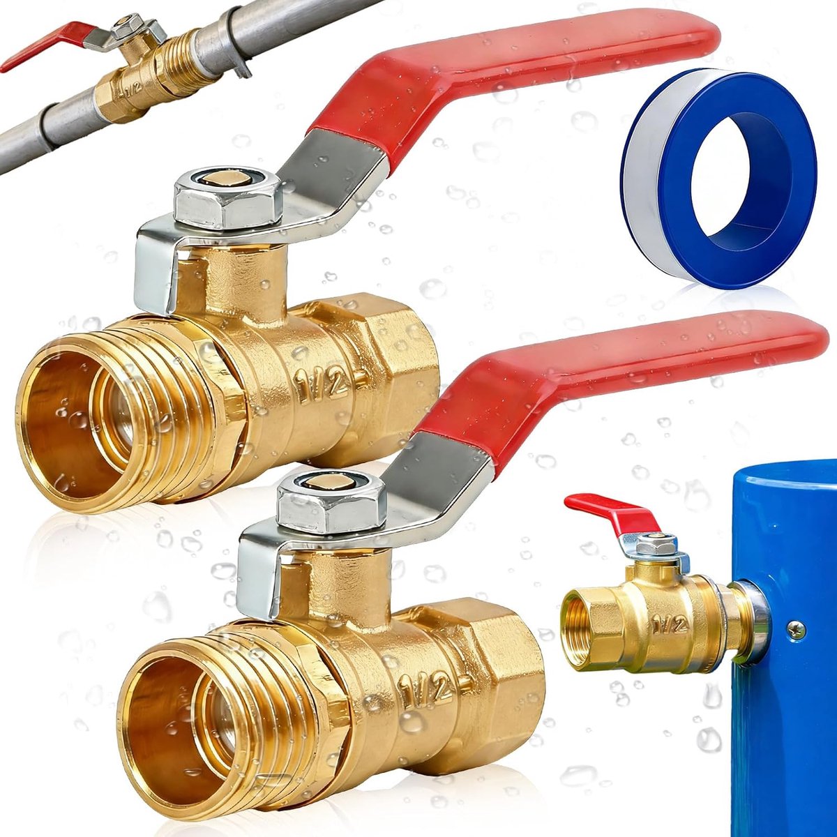 2 Stuks Kogelkraan 1/2 inch universele kogelkraan, DN15 Afsluitkraan van messing, Kogelkraan met hendelgreep messing, Volledige doorgang, Vernikkeld, Met afdichtband, Voor water, Gas, Sanitair