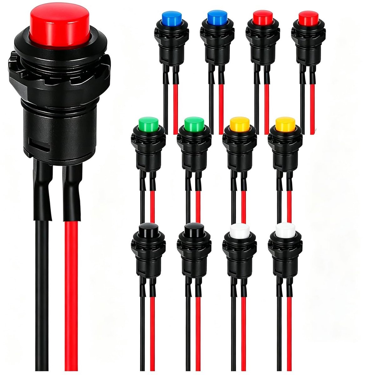 12stks 12mm Voorbekabelde Kortstondige Drukknop SPST AAN/UIT AC 250V /1.5A 125 V / 3A, Lockless Mini Ronde Knop voor Auto Trompet, PC, Home Deurbel