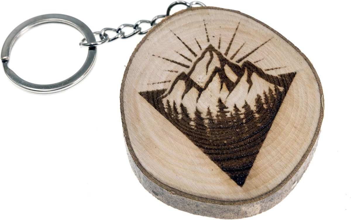 generico Sleutelhanger van natuurlijk hout met bos en bergen bergbeklimmen klimmen wandelen, Bruin, Eén maat