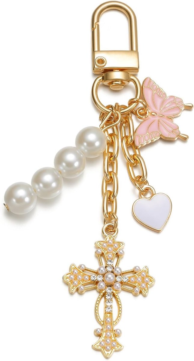 Dames, hanger keychain, kruis sleutelhangerset met hart en vlinder, autohanger, christelijke geschenken voor vrouwen, cadeau voor communie