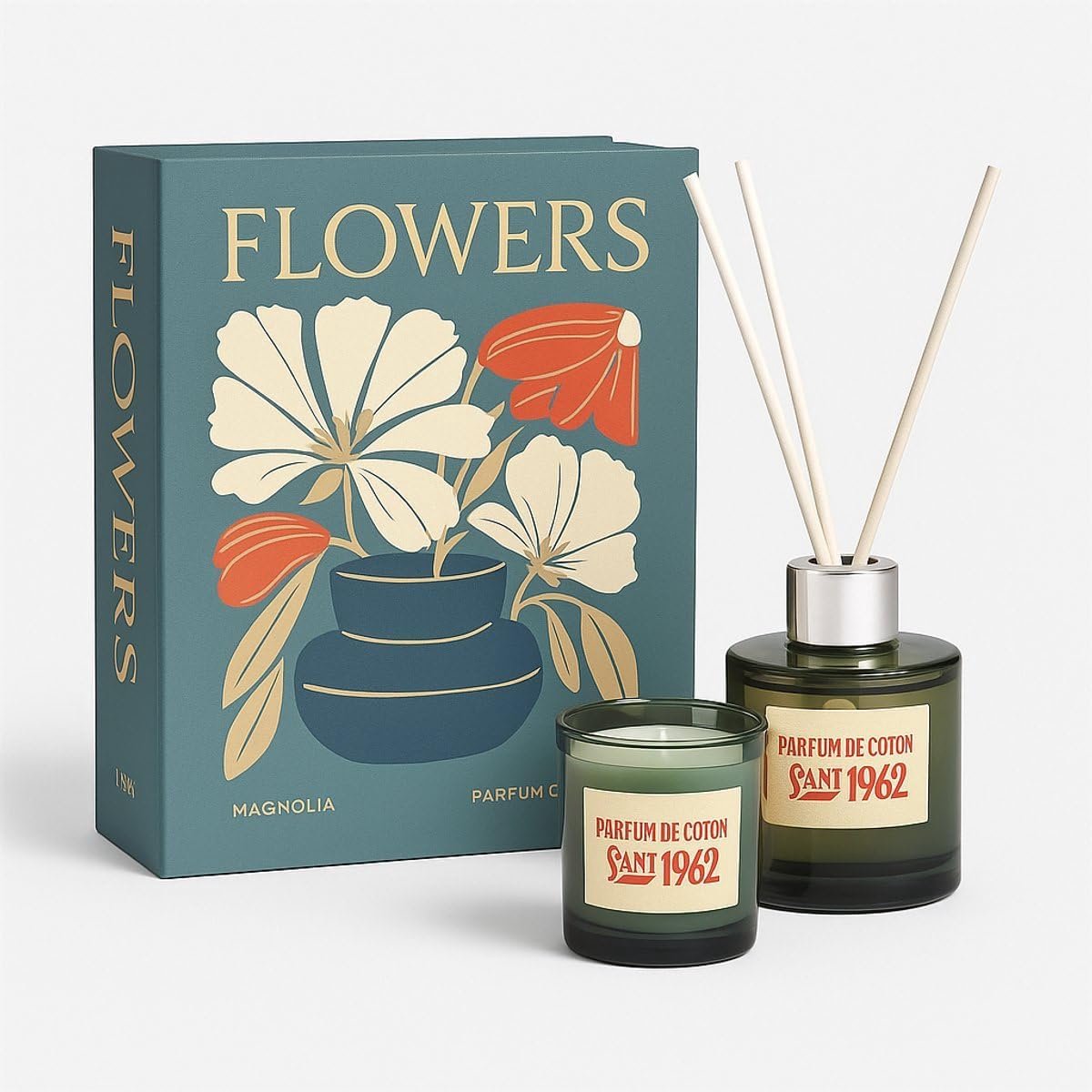 Geurkaars Geschenkset - Luxe Cadeaubox met Geurkaars & Geurstokken - Magnolia & Katoenbloem - SnelShoppen