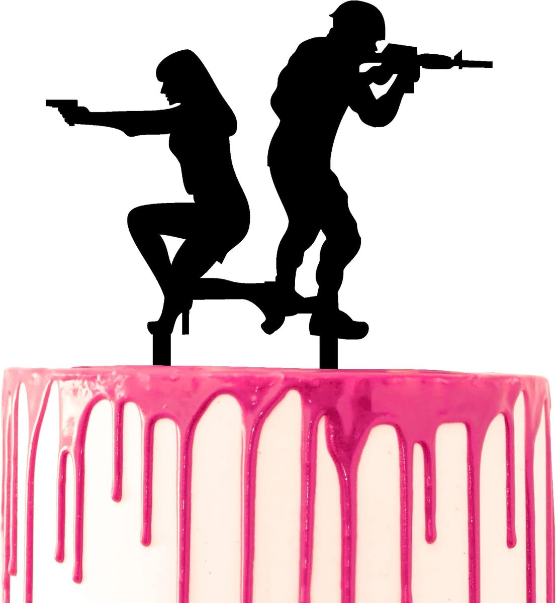 Decoreren van taarttoppers, bruidegom en bruid die pistolen vasthouden, acryl silhouet