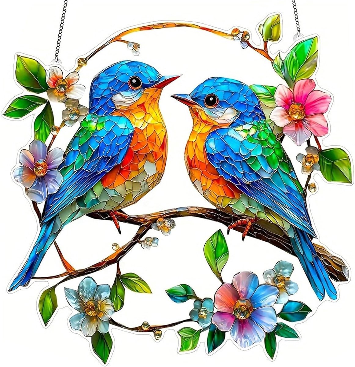 raamdecoratie, voorjaar, hangend, roodborstjes en bloemen, zonnevanger, raam, raamdecoratie, hangend hele jaar, vogeldecoratie, raam, modern, voor woonkamer, tuin, raam, terras, wanddecoratie