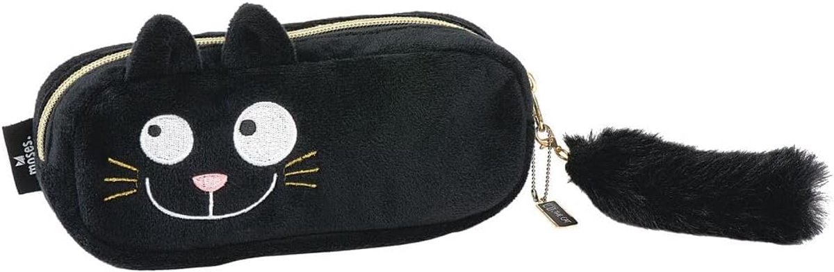 Moses. Ed, The Cat Etui in kattendesign, pennenetui in zwart, van polyester, klein opbergtasje met ritssluiting en karabijnhaak aan de afneembare sleutelhanger