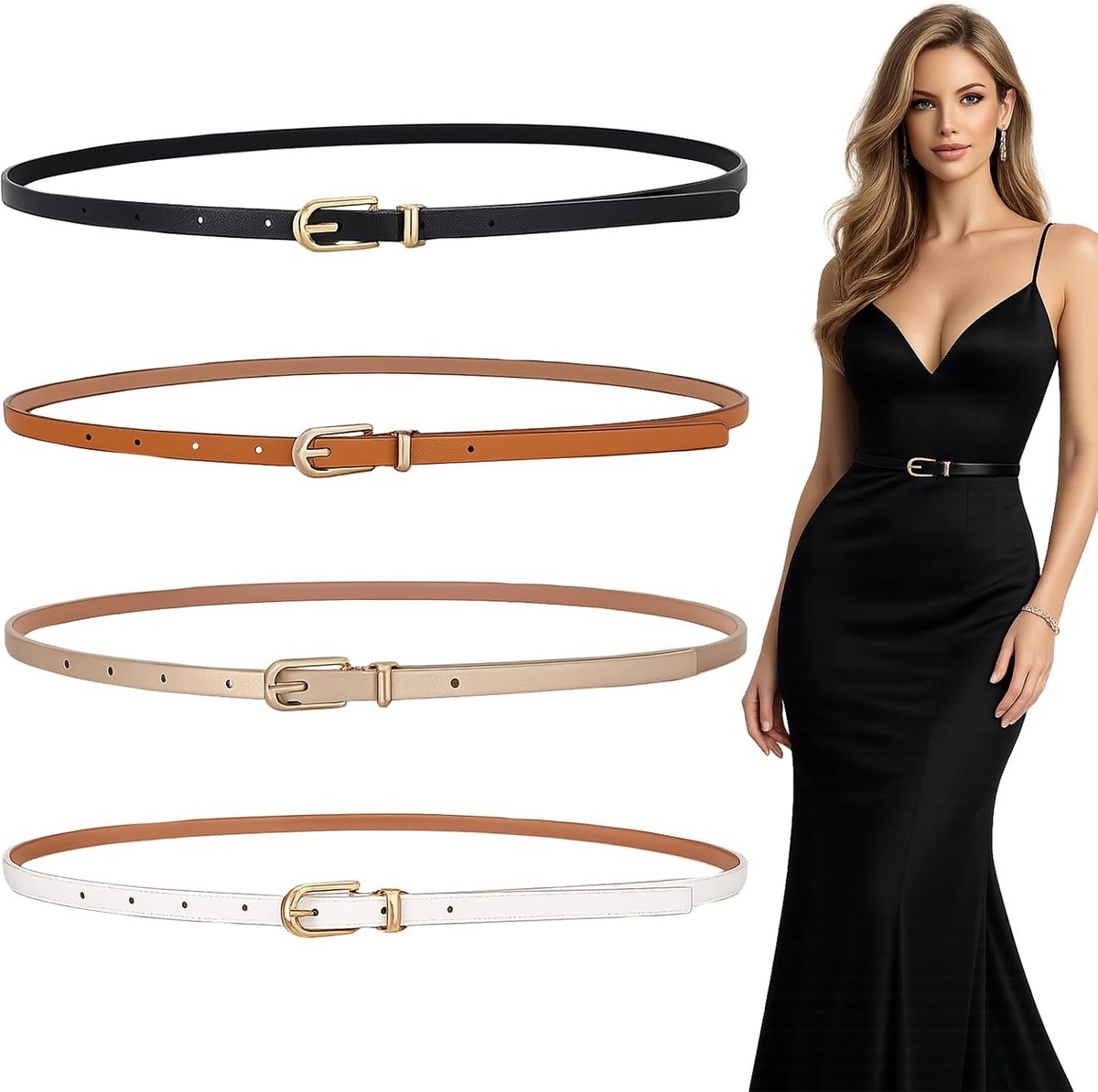 riem voor dames, veelzijdige mode-accessoires voor dagelijkse outfits, winkelen, reizen, feestjes en werk, 4-delige riemset in zwart, camel, champagne en wit
