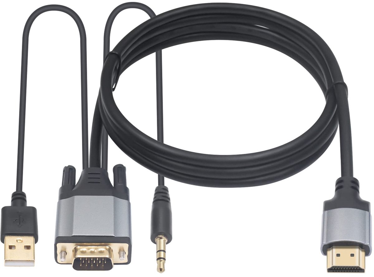 Naar HDMI-kabel met 3,5 mm audio-poort en USB 2.0, HDMI-stekker naar VGA-stekker, converter, 1080p, voor monitor, tv, computer, 1,5 m