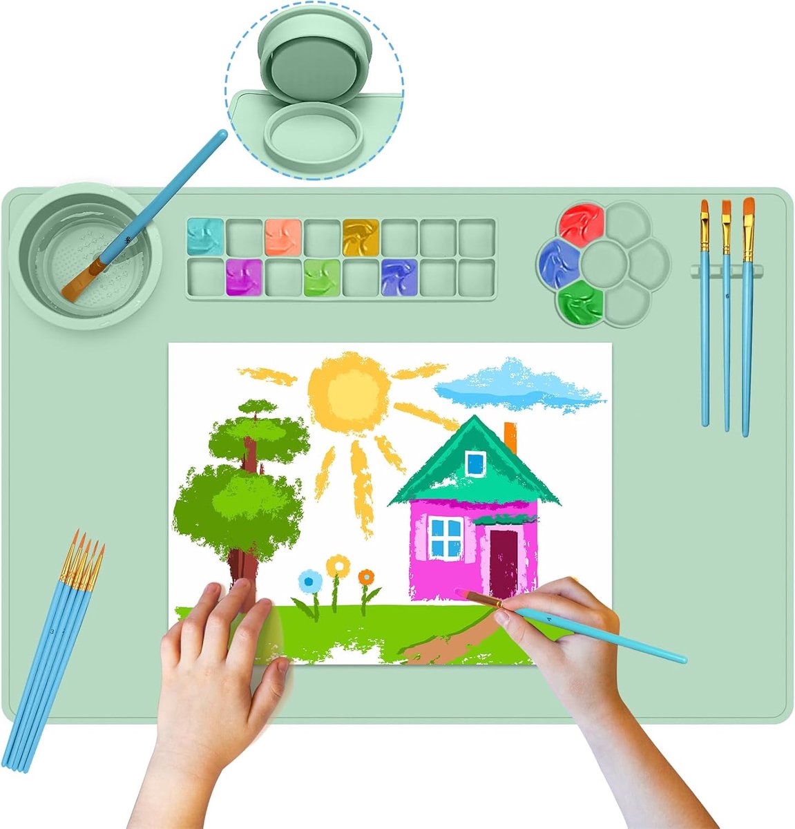 Knutselmat van siliconen, 60 x 40 cm, schilderonderlegger voor kinderen, afwasbaar, met bekers en 10 kwasten, multifunctionele siliconen schildermat voor doe-het-zelf handwerk, kinderen