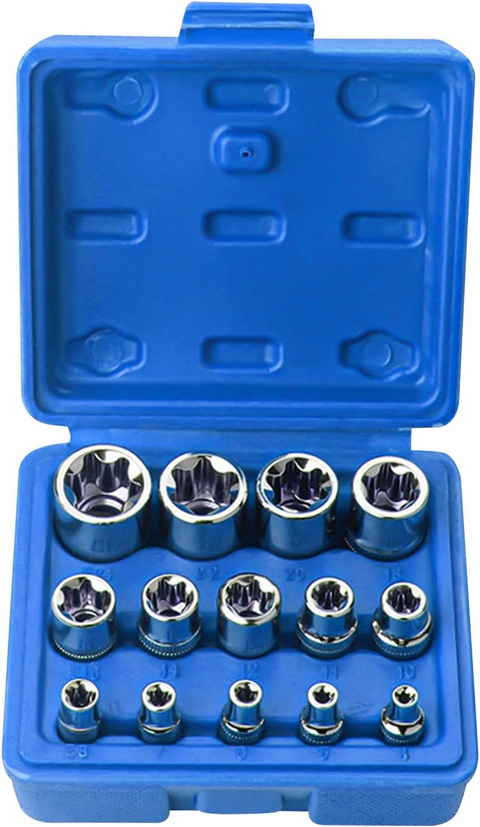 14-delige buiten-torx-moerset, dopsleutelset: moerverwijderaarset, 1/2 inch, 1/4 inch, 3/8 inch, Torx E doppen E4-E24, schroefuitdraaiset spiraal-profiel dopsleutelset bouten extractor