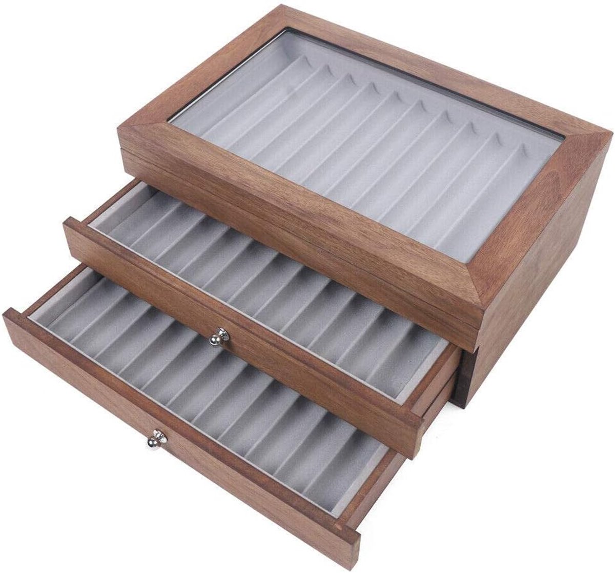 Verzameldoos voor schrijfgerei, 34 stuks, displaybox, opbergdoos, geschikt voor pennen, balpennen, pennen, acryl en flanel, pennenbox, organizer met laden