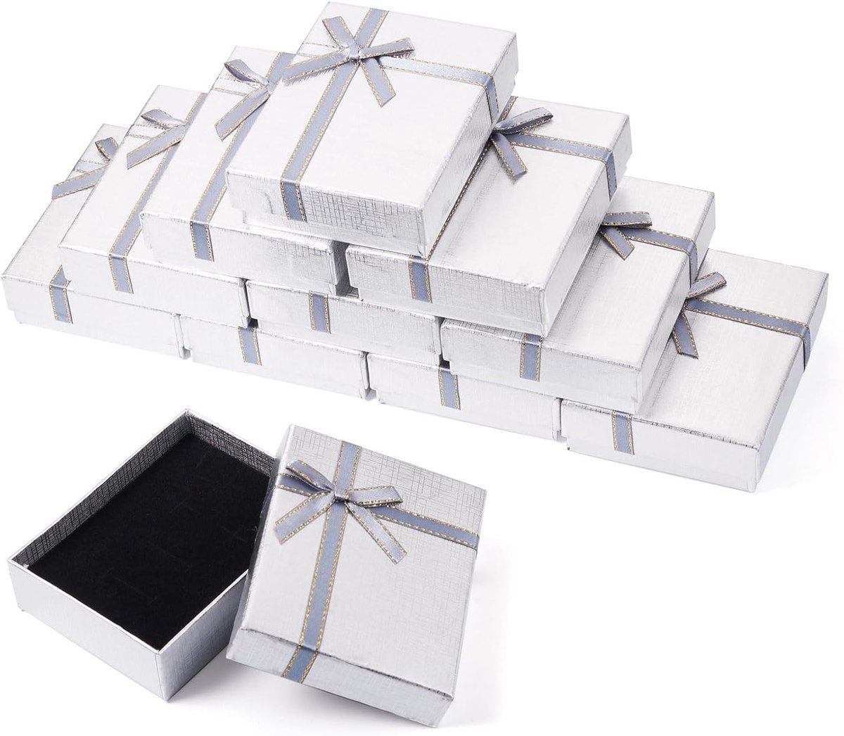 12 stuks papieren dozen 8,7 x 6,7 x 2,6 cm rechthoekige kartonnen sieraden verpakkingsdozen met strikje voor kettingen, ringen, oorbel armband opslag, Gainsboro