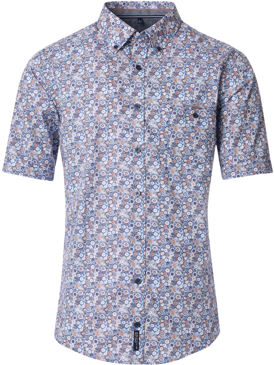 CASA MODA Sport casual fit overhemd - korte mouw - popeline - blauw - wit en beige dessin