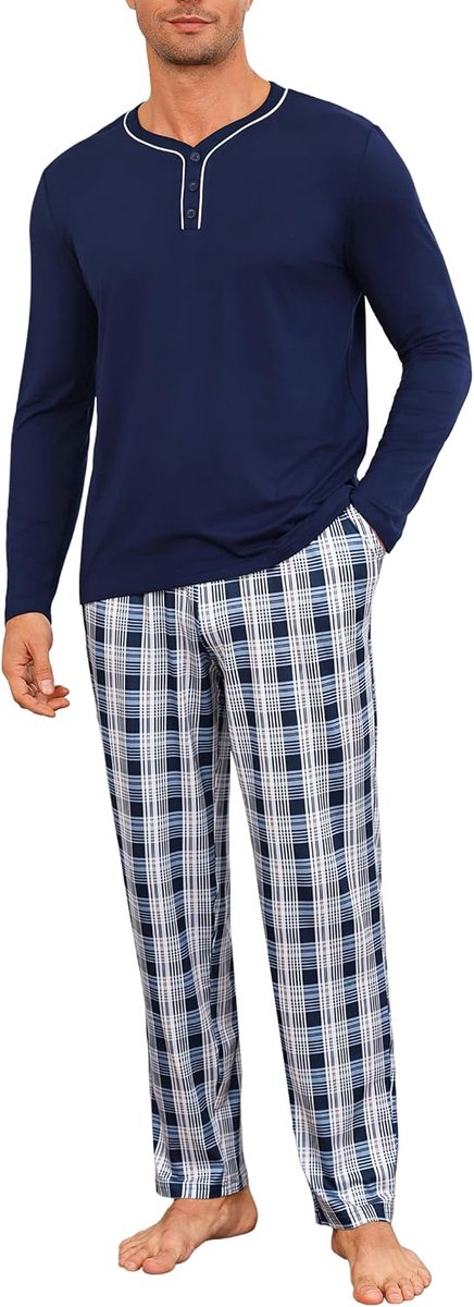 Pyjama voor heren met korte mouwen en ronde hals en lange loungebroek, zachte effen herenpyjama's, nachtkleding, loungewear
