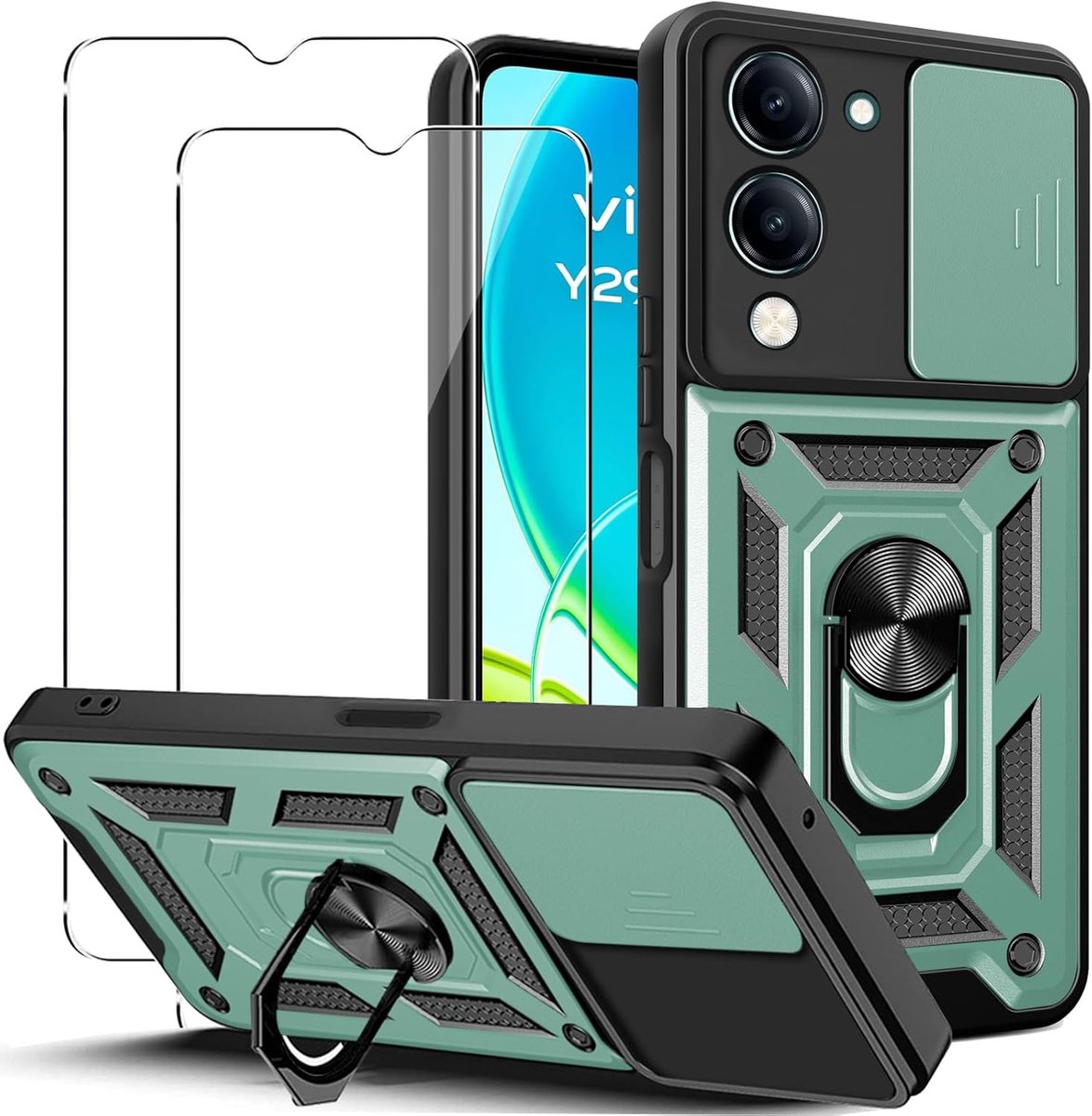 Beschermhoesje voor Vivo Y29s 5G / Vivo Y04 met camerabescherming en ringhouder + 2 stuks gehard glas, schokbestendig, krasbestendig, beschermhoes, groen