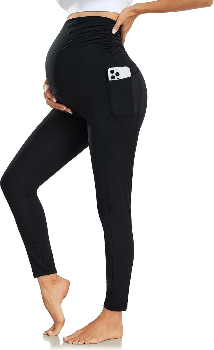 Zwangerschapslegging met Zakken - Over Bump Legging met Zachte Buikondersteuning Stretchy Zwangerschapsbroek voor Dames