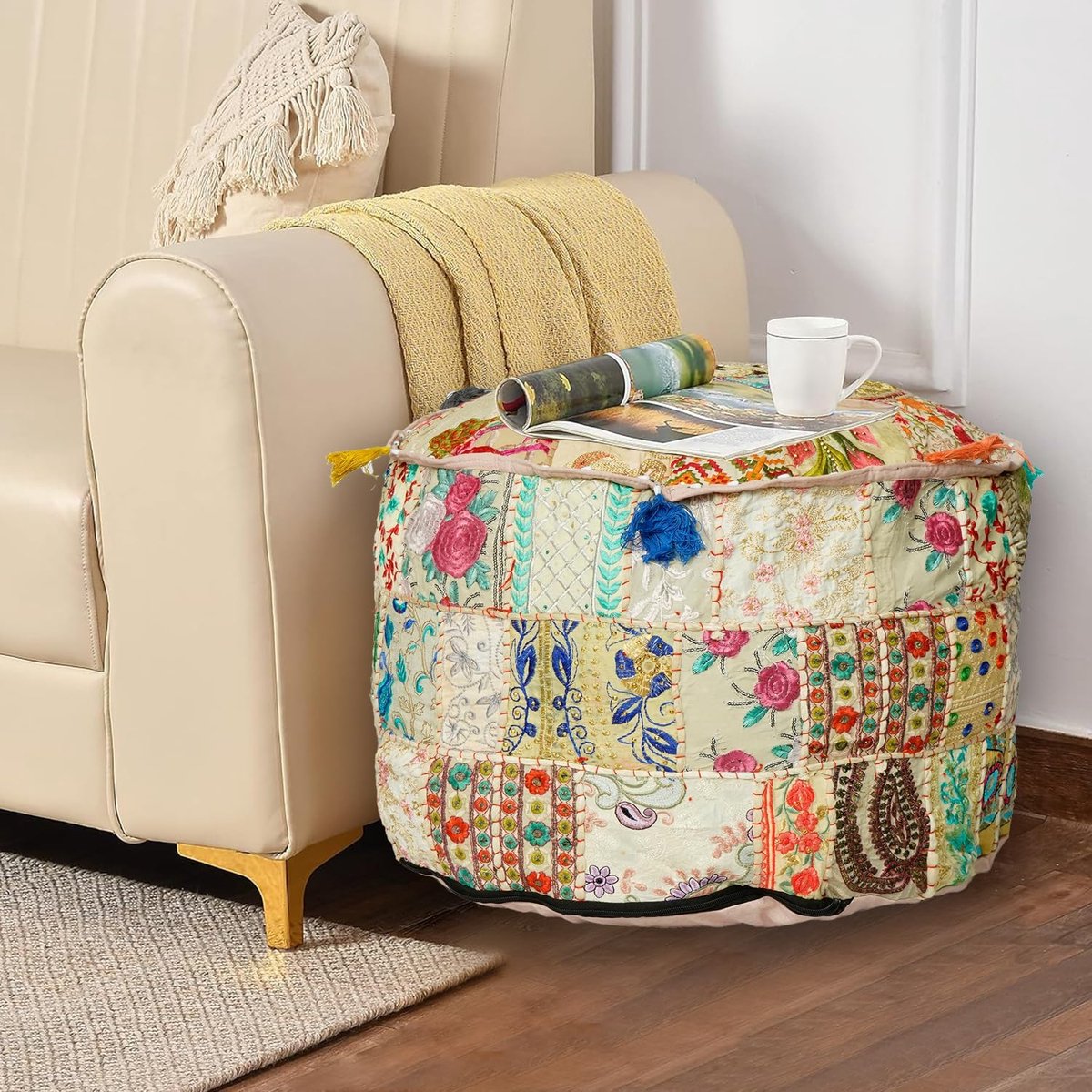 Ottoman pouf cover - handgemaakt - beige rond - perfect als voetensteun - SnelShoppen