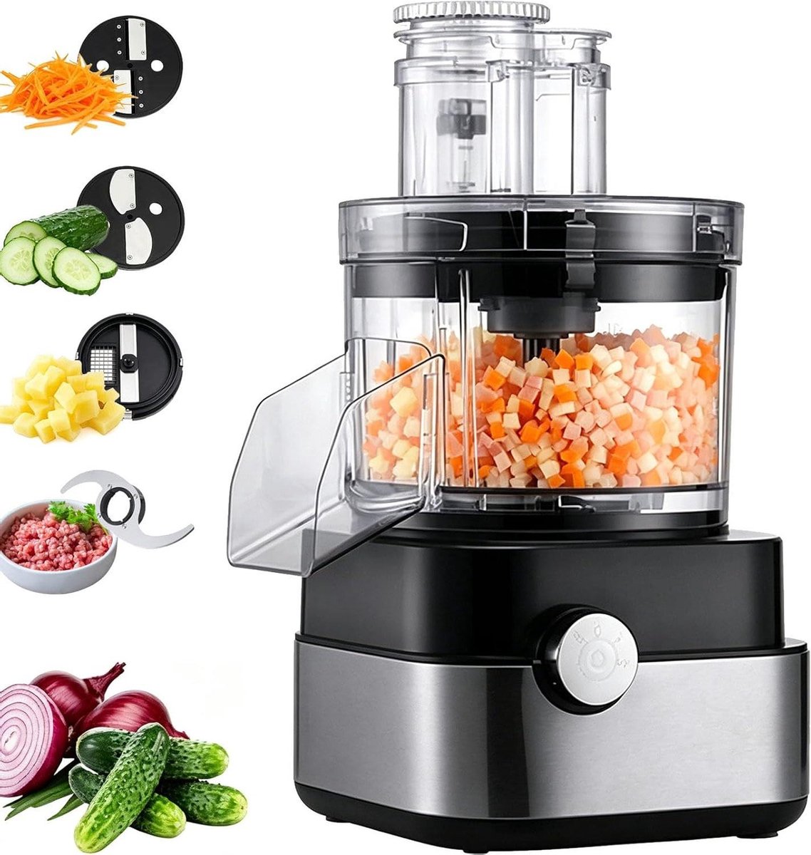 5-in-1 Groentesnijder - Keukenmachine Raspen - Maaltijden Bereiden - Grote Invoeropening - 5 Liter Inhoud - Zilver