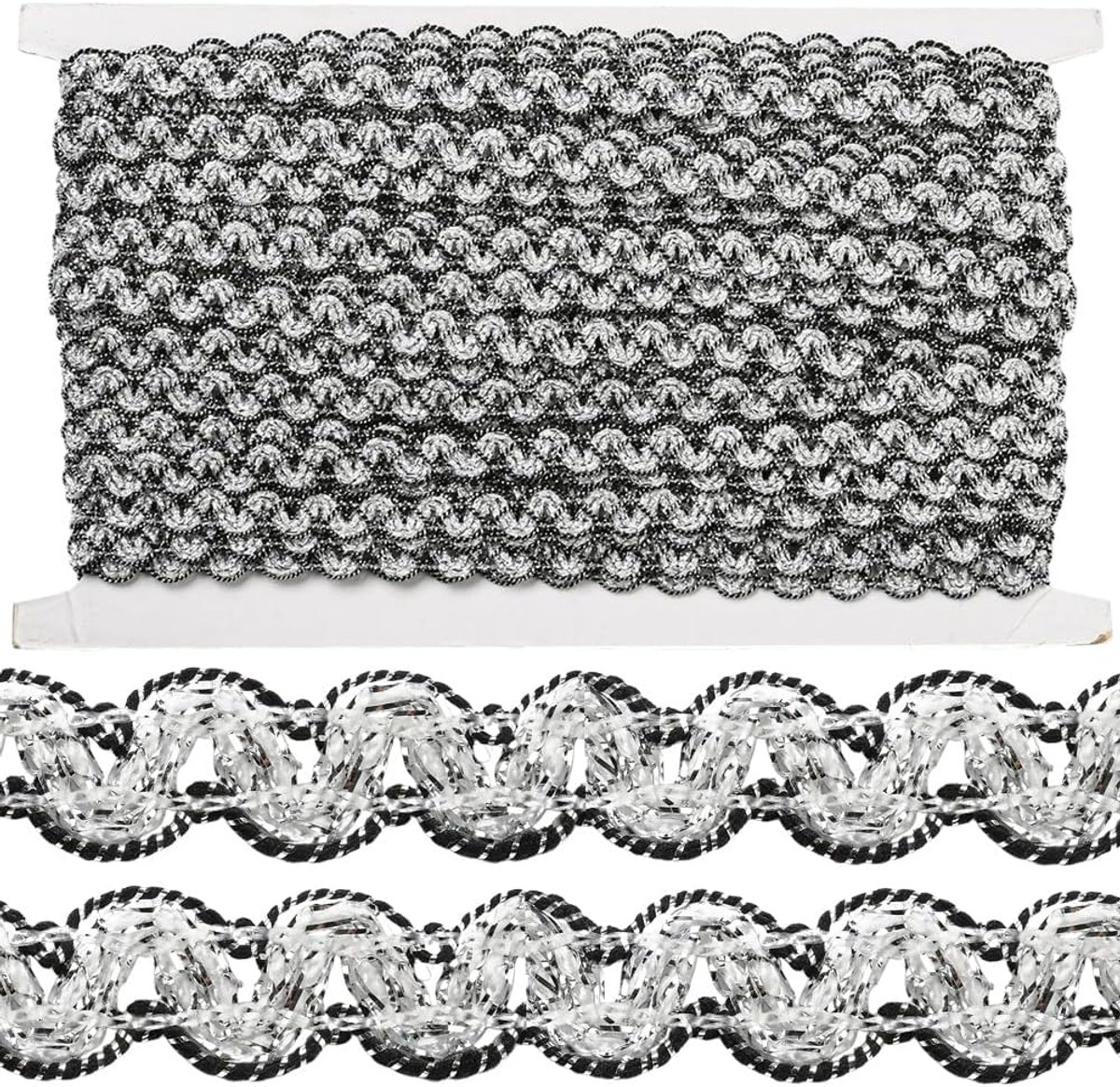 20M 12Mm Zwart Zilver Gevlochten Trim Lint Metallic Decoratieve Stof Bekleding Trimmings Polyester Geweven Vlecht Gimp Kant Trim Voor Sieraden Maken Naaien Gordijn Tas Ambachten Jurken