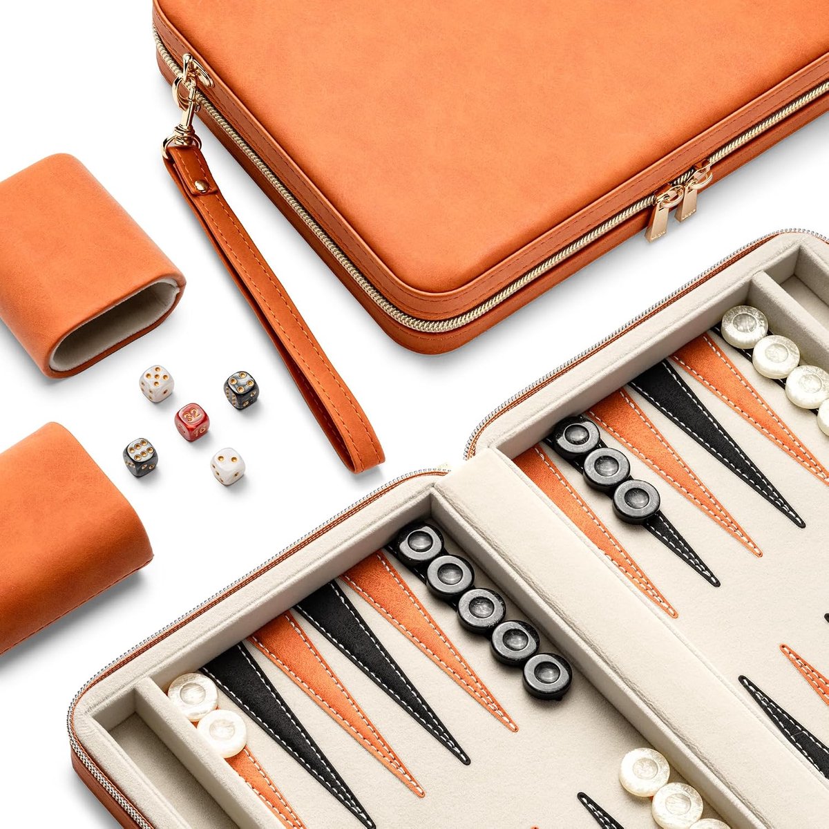 Backgammon-sets voor volwassenen, klassiek bordspel met opvouwbare lederen backgammon-hoes, draagbare reisbackgammon-spelset (oranje)
