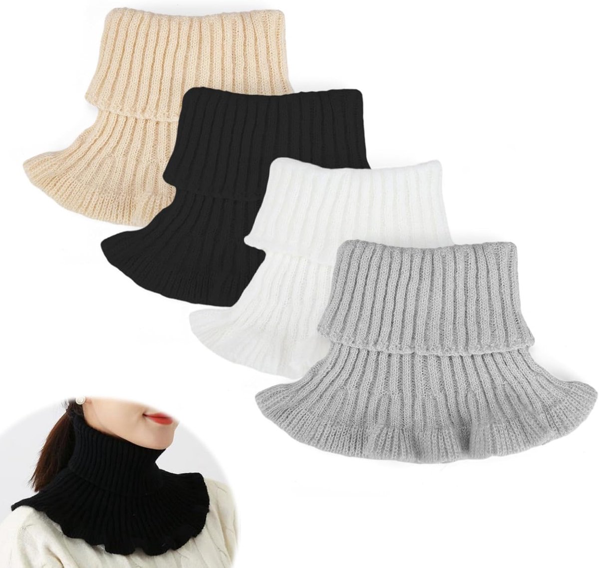 Nep gebreide kraag voor dames, 4 stuks, opstaande kraag, gebreide trui, zacht en huidvriendelijk, gebruikt voor warmte en decoratie, Zwart, 22cm