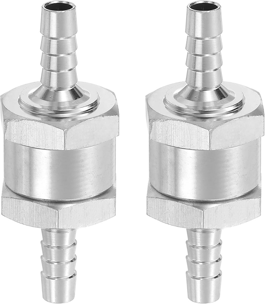 2 stuks 6 mm (1/4 inch) terugslagklep voor brandstof, wegwerp, terugslagventiel, aluminiumlegering, bedieningsaccessoires voor benzine, diesel, gas, olie, lucht, water, zilver