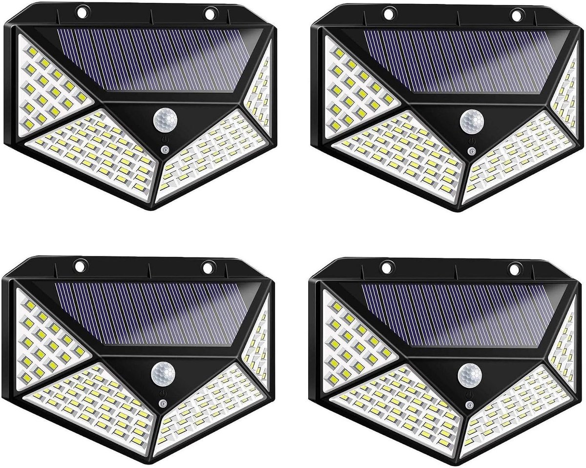 DI SALDI Vier buitenspots op zonne-energie met 100 leds en schemeringssensor