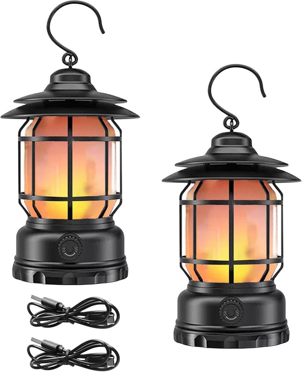 2PACK oplaadbare campinglantaarn, vlam decoratieve tafellamp, 2 modi LED-licht met haak, dimbare vintage stijl, draagbare waterdichte campinglamp voor binnen- en buitengebruik (2)