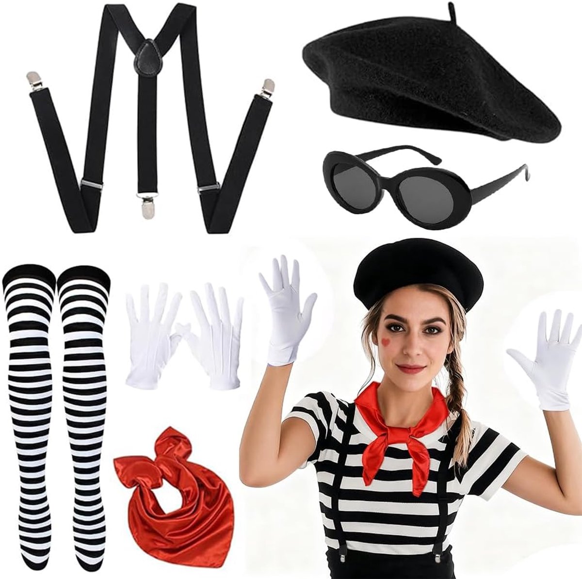 Kostuum voor dames, accessoires, Franse kostuumaccessoires met zwarte baskenmuts, sjaal, bretels, handschoenen, bril, kniekousen voor volwassenen, Halloween, carnaval
