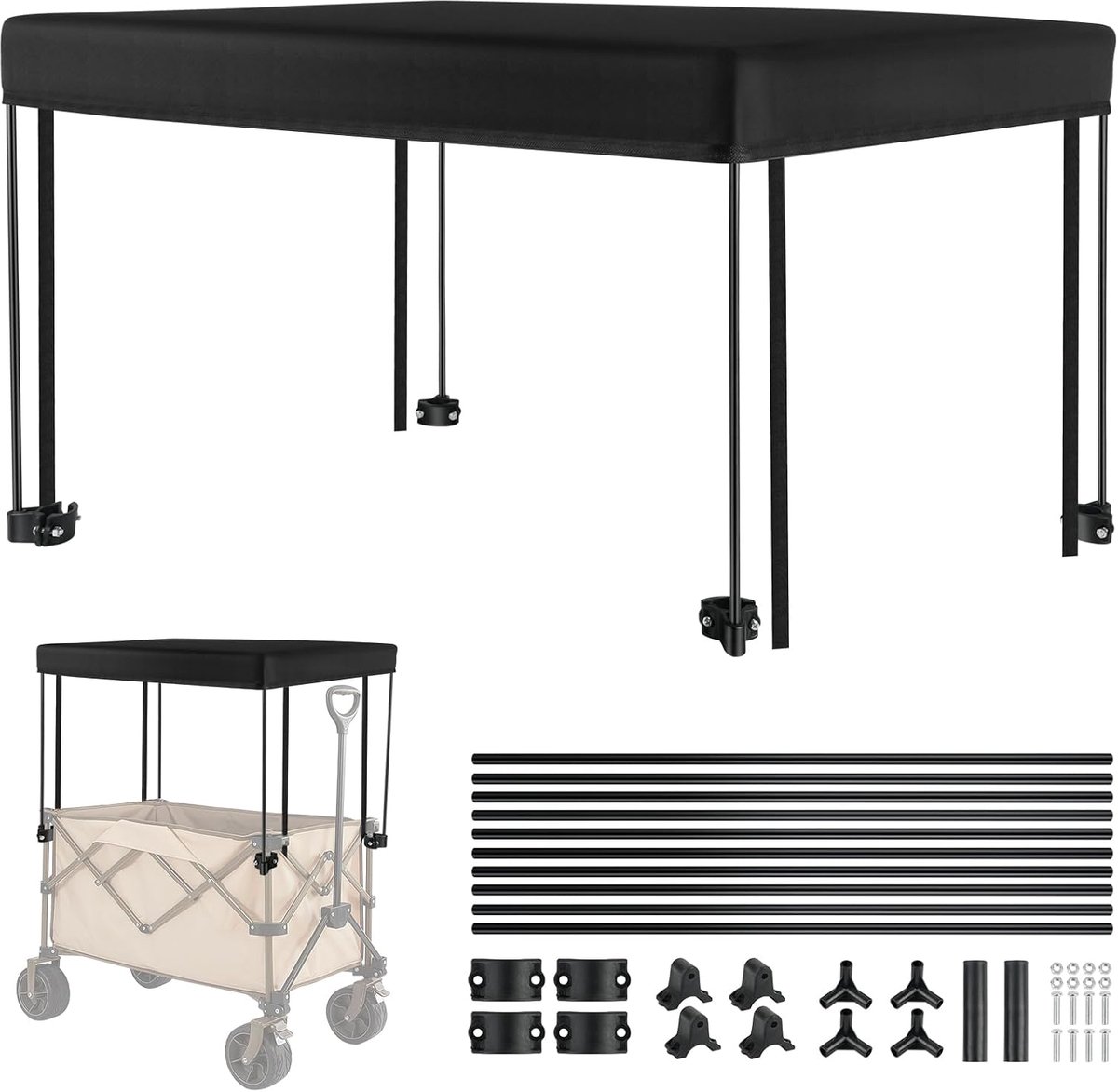 10 Steunstaven Luifel voor Handkar, Opvouwbare Regenkap, Luifel Schaduwdekking voor Kinderen, Strand, Duw-Trekkar, Karvervanger, Waterdicht, Verwijderbaar (L90 x B45 x H50cm), Zwart