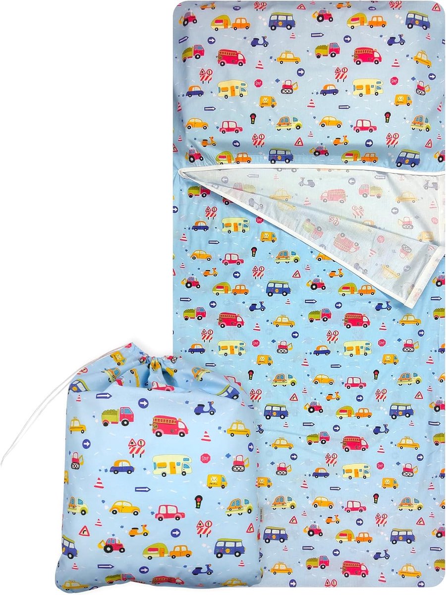 Tessuti Kinderkamerset, zomerslaapzak en tas voor baby's van 2 tot 6 jaar, 100% katoen, Made in Italy, kinderkamerset, blauwe auto's