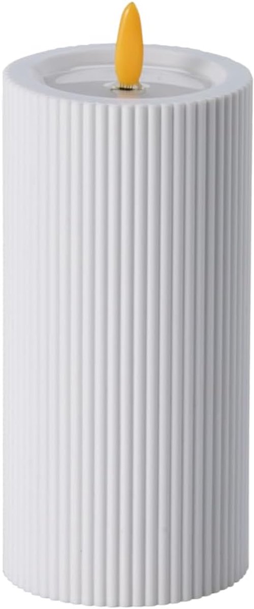LED-kaars outdoor flikkerend, 6/18-timer - wit, Ø 7,5 x 15 cm | Moderne streepstructuur, sfeervol lichtaccent voor lantaarn, terras, balkon en entree