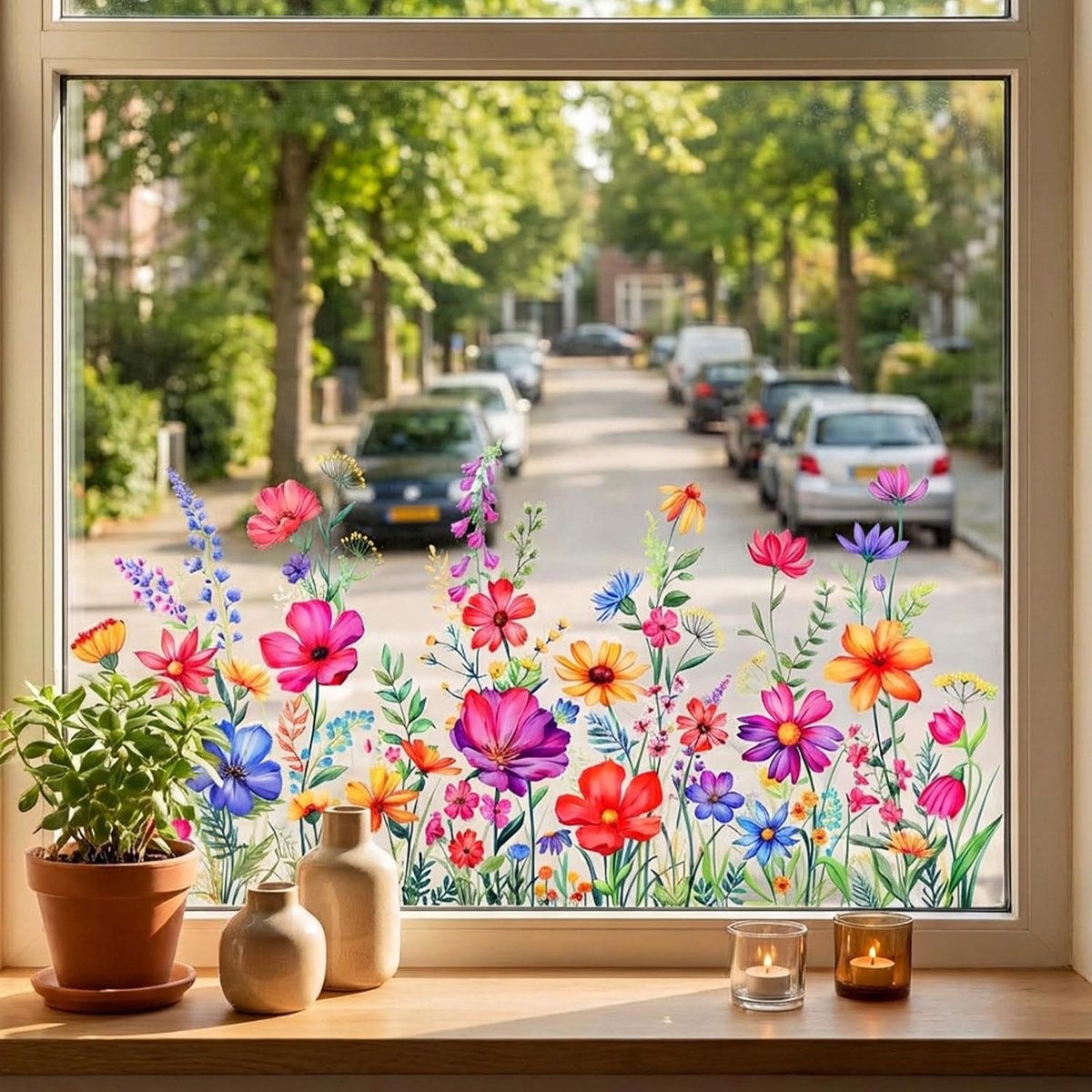 Raamstickers, 60 × 30 cm, dubbelzijdige bloemensticker, raamfolie met wilde bloemenmotieven, wilde bloemen, gras, stickers voor thuis, kantoor, deur, spiegeldecoratie