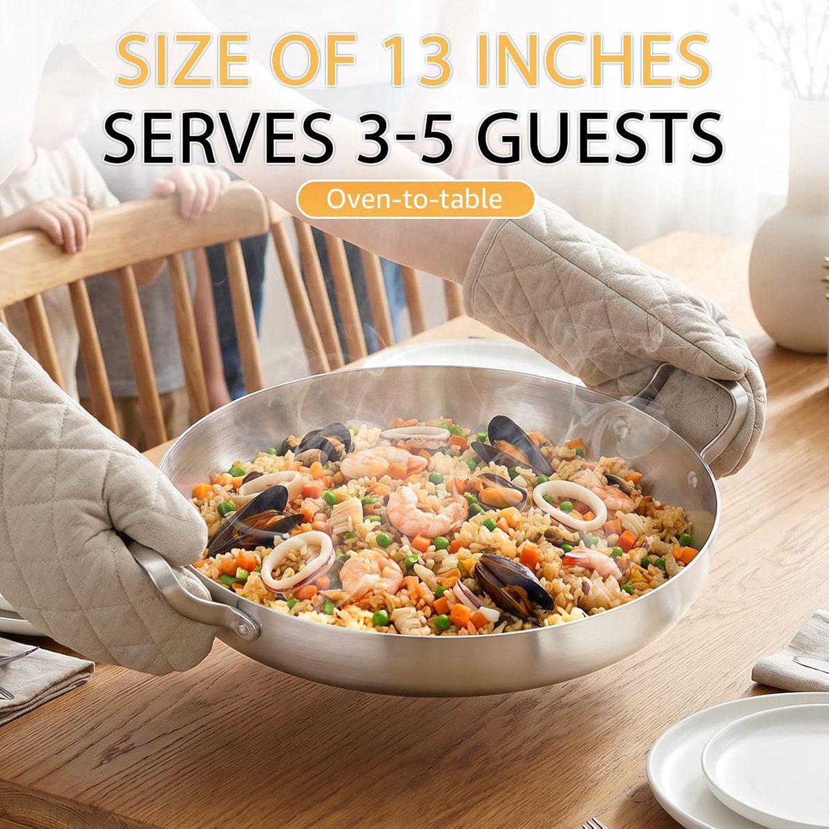 33 cm Tri-Ply roestvrijstalen roerbakpan met deksel, paella pan, bakplaat, grote koekenpan, inductie kookpan, vaatwasser en ovenbestendig.