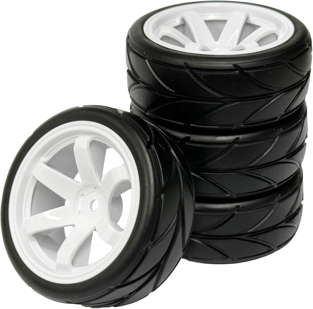 Wielenset, 4 stuks 64 mm rubberen banden en 6 spaken velgen kunststof wielen 12 mm Hex voor 1/10 RC On-Road Run-Flating Touring Racing Auto (wit)