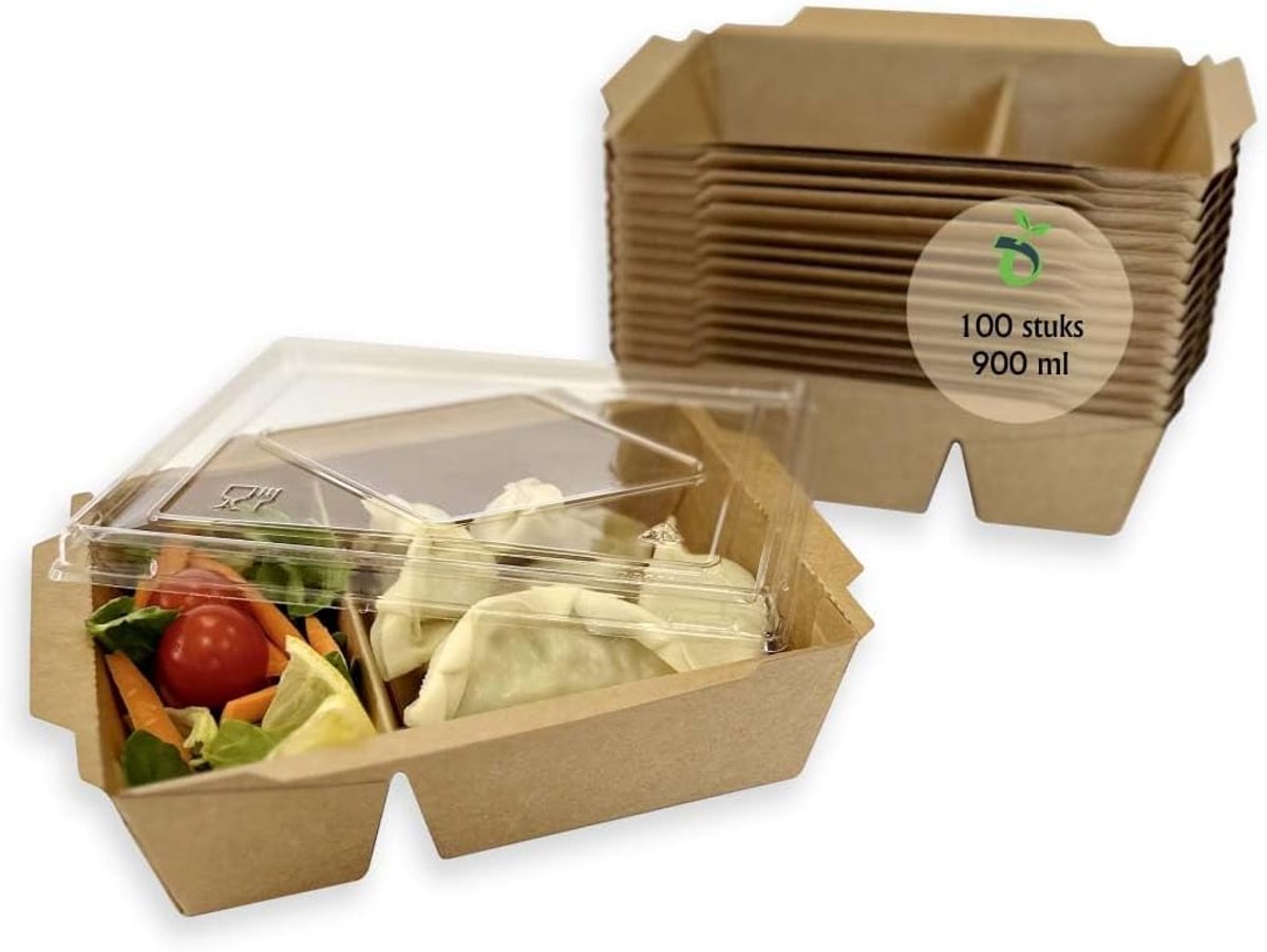 Lunchbox 900 ml - 2-vaks kraftpapier met deksel - wegwerpdoos - ideaal voor sushi en picknicks - ShopVlot